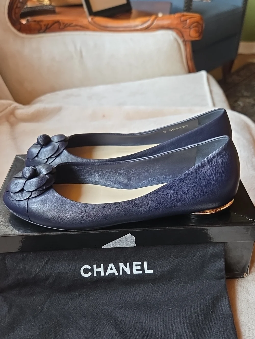 CHANEL Navy Leather Camellia Ballet Flats